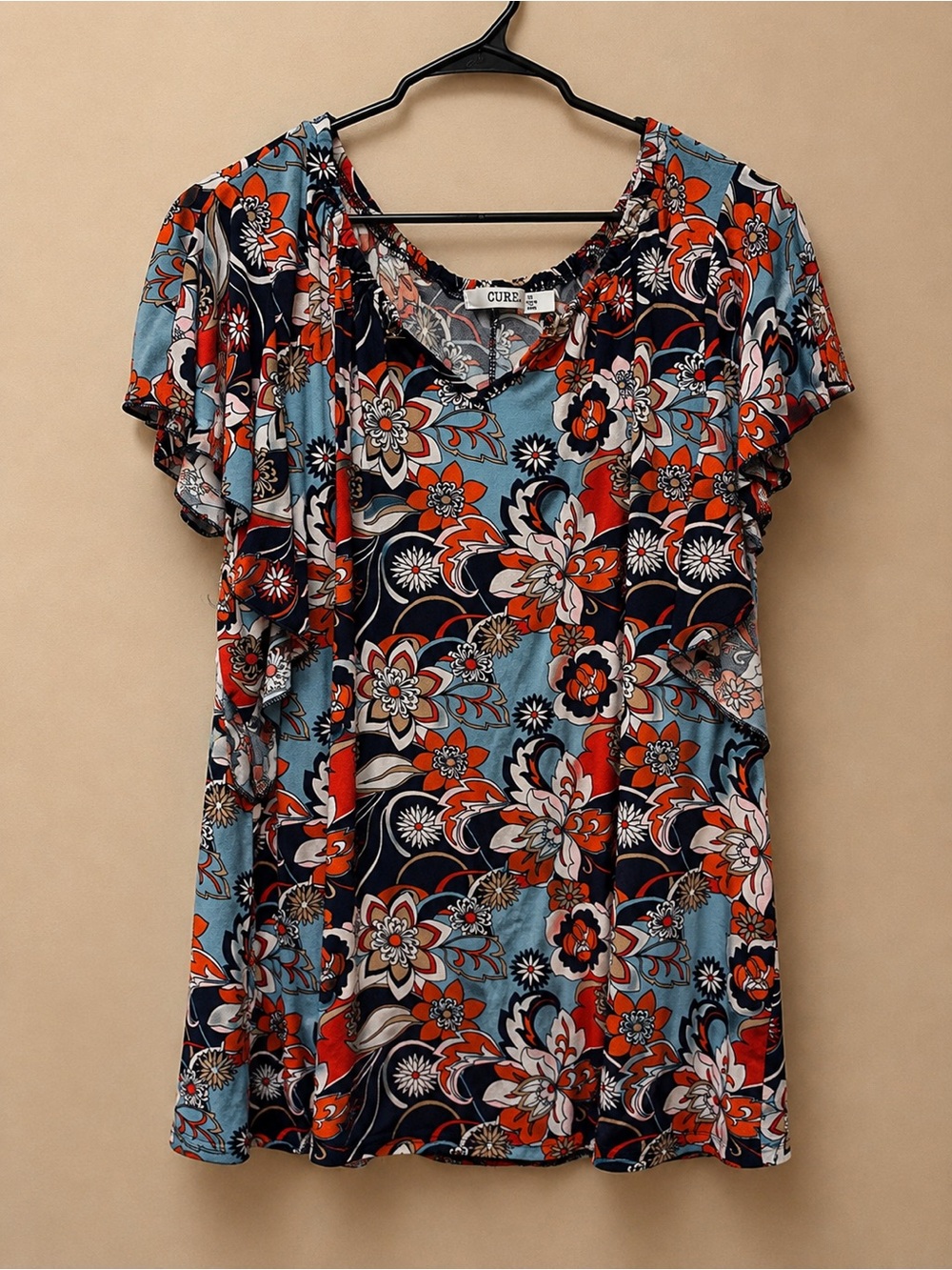 CURE Floral V-Neck Flutter Sleeve Blouse in Blue and Red
